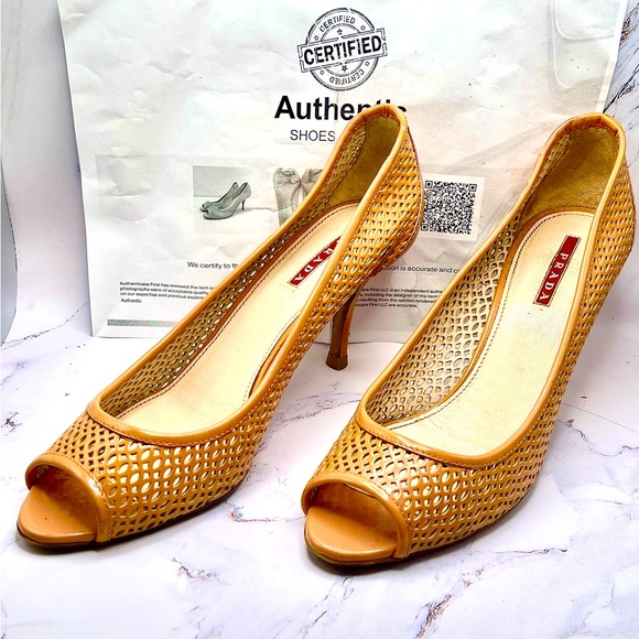 Prada Women's Tan Leather Peep Toe Pump - Picture 1 of 10